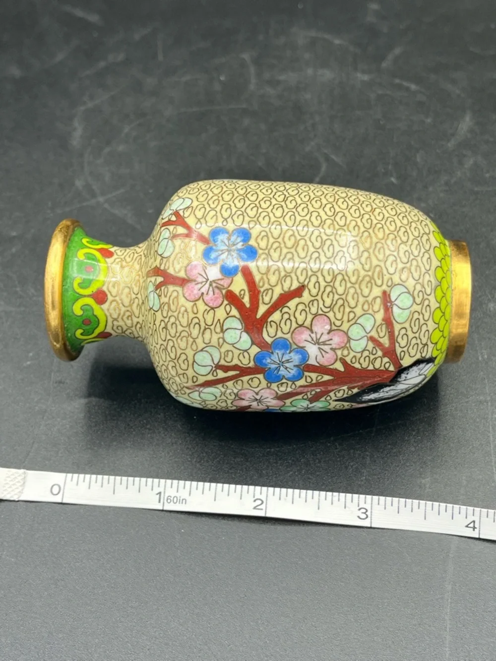 Vintage Asian Oriental Cloisonne Enameled Vase Floral bird, 4” - Picture 8 of 12